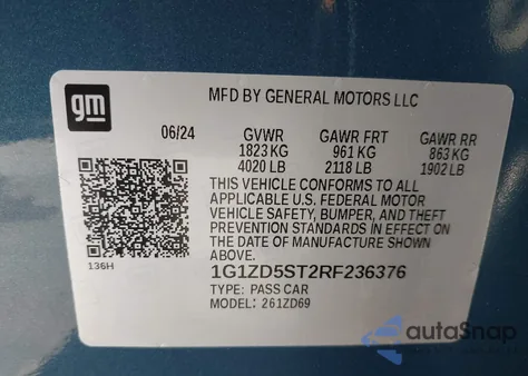 2024 Chevrolet Malibu Fwd 1Lt z USA, uszkodzony, nr VIN 1G1ZD5ST2RF236376